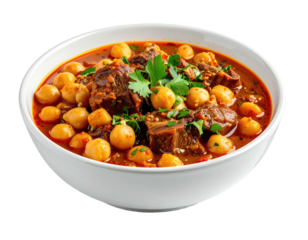 Hearty stew of chickpeas and meat in a white bowl