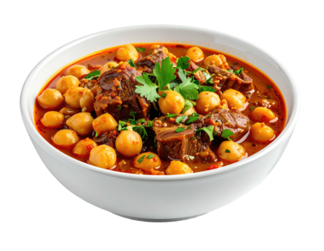 Hearty stew of chickpeas and meat in a white bowl