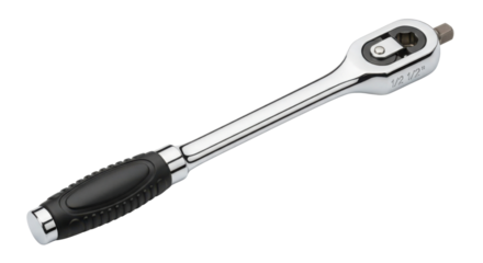 Chrome-plated ratchet wrench with a black handle isolated PNG with Transparent Background
