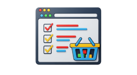 Isolated browser window showing shopping cart and checklist, for web design and e-commerce use