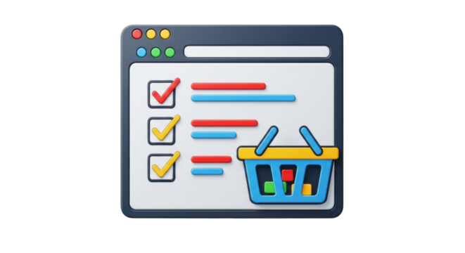 Isolated browser window showing shopping cart and checklist, for web design and e-commerce use