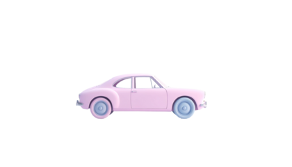 Pink coupe car on black background; stylized, with blue wheels and windows