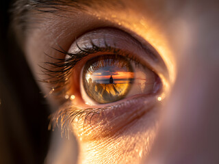 Reflection of a lone figure on a beach at sunset in a human eye, conveying introspection and vastness.