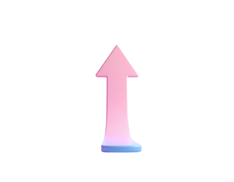 A vibrant, upward-pointing arrow rendered in a gradient of pinks and blues on black