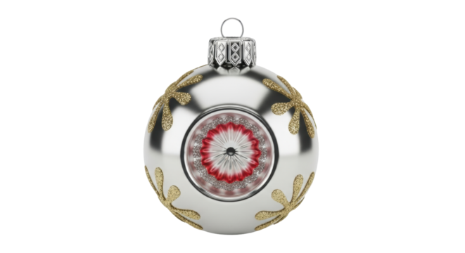 Isolated silver Christmas tree bauble with gold and red decor, festive holiday ornament