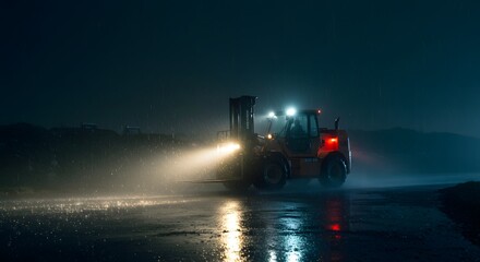 Forklift operating at night with bright lights on wet ground