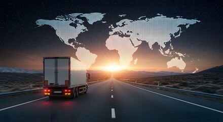 LogisticTruck on the road in front of world map during sunset