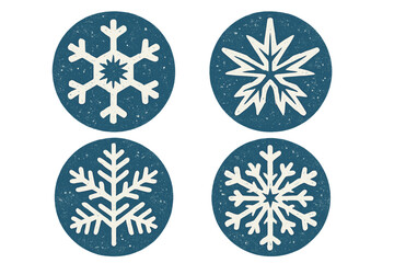 Rustic collection of unique distressed snowflake icons on blue circular backgrounds for winter holiday design elements