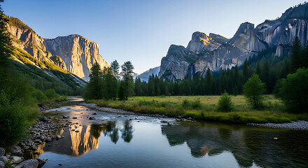Obraz premium Calm river reflecting mountains and trees under a clear sky in yosemite national park scene ai generated
