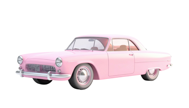 Pink vintage coupe car, isolated against a black background, side view