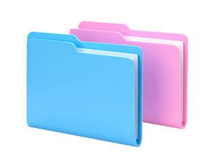 Two 3D-rendered file folders, one blue and one pink, slightly overlapping, open