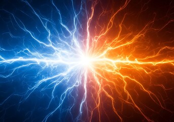 Abstract representation of electrical energy, with blue and orange lightning bolts colliding in the center, symbolizing power, force, and energy transfer