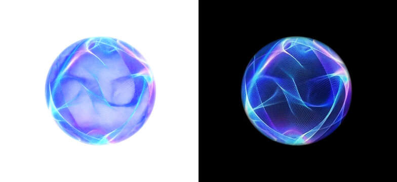 An electric plasma globe shows colorful light waves and energy orbs on a transparent PNG background