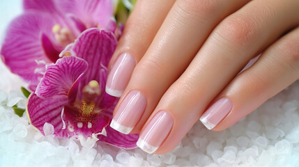 french manicure with orchid flowers.