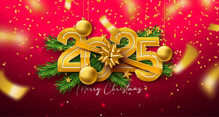 Merry Christmas and Happy New Year Greeting Card Banner with Fir Branch and Gold 2025 Typography Number on Red Falling Confetti Background. Vector Holiday Season Design with Decoration Elements for