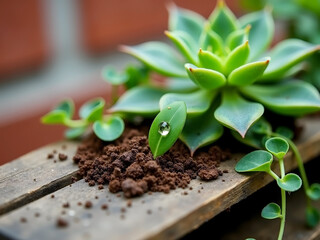 Urban Eco Brooklyn Series: Textured Pallet Garden Detail with Succulent and Water Droplet