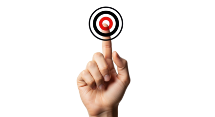 Isolated human hand pointing at target, direction and precision pointing upwards gesture