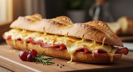 Delicious French Croque Monsieur Sandwich with Melted Cheese and Ham.