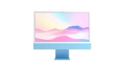 Light blue all-in-one computer with pastel mountains background