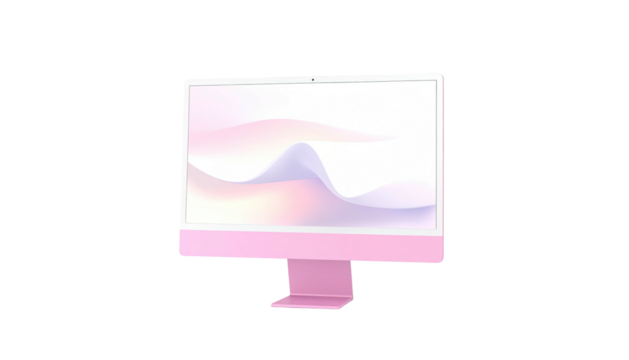 A pink desktop computer with a gradient display sits against a black background