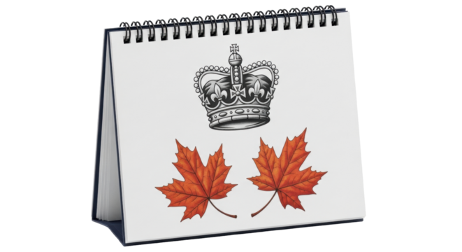Isolated sketchbook art featuring a crown and two maple leaves on a spiral notebook page