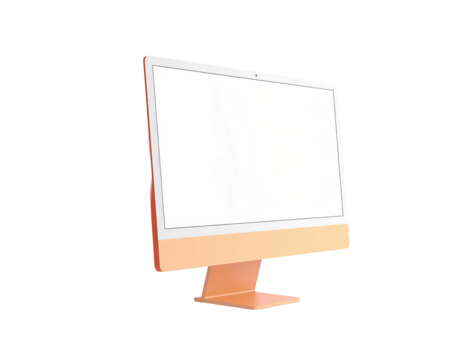 Angled view of a modern desktop computer with a blank white screen
