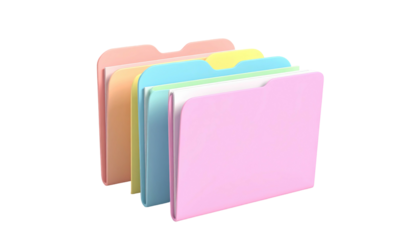 Pastel-colored folders in a stack, each containing a white sheet of paper