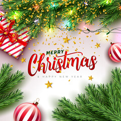 Merry Christmas and Happy New Year Greeting Card Banner with Fir Branch, Gift Box and Typography Lettering on White Background. Vector Holiday Season Design with Decoration Elements for Party Flyer