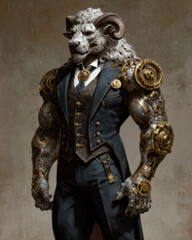 Fototapeta premium Steampunk Ram Gentleman in Victorian mechanical armor portrait