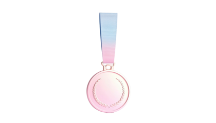 Pink and blue gradient medal with a laurel wreath, hanging against black