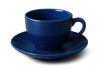 Empty blue ceramic teacup with saucer providing a clean background