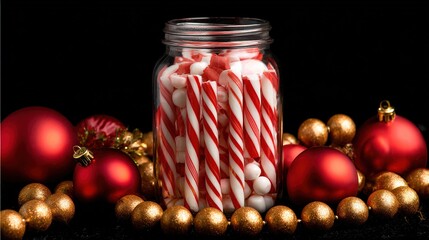Glass jar with candy cane stripes and Christmas decorations

