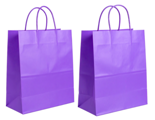 Two identical vibrant purple paper shopping bags with handles