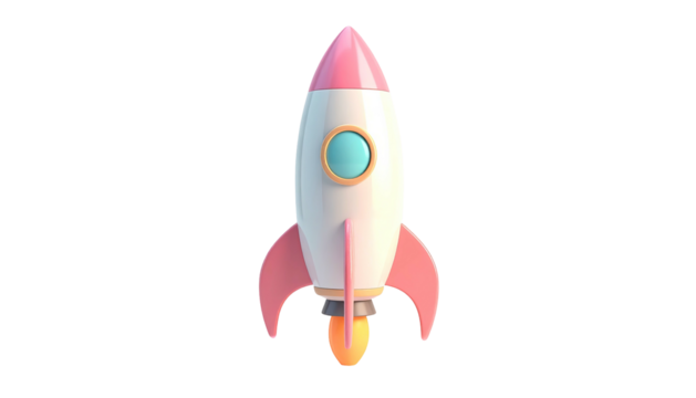 Cartoonish rocket with pink, white and orange details, set against a stark black backdrop