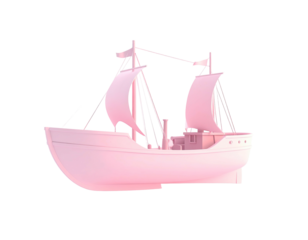 Pink 3D rendering of a vintage sailboat, isolated against a black background