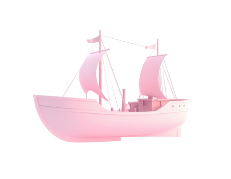 Pink 3D rendering of a vintage sailboat, isolated against a black background