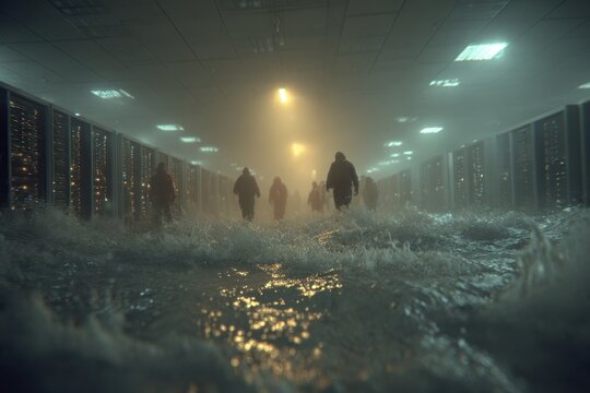 People wading through flooded data center hall during recovery