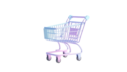 A cart, rendered in soft pastel hues, with a reflective surface, against black background