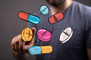 Colorful illustration of pills, capsules, and tablets. Medical, healthcare, pharmacy concept.