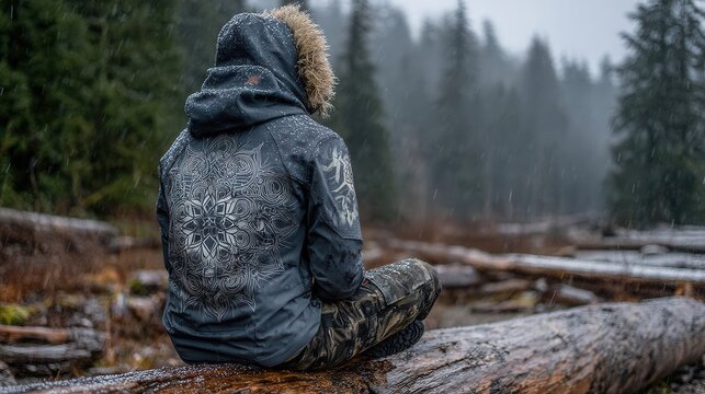 Person in hooded jacket sitting quietly in snowy forest - Powered by Adobe