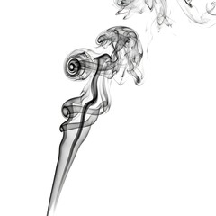 A delicate plume of grey smoke rising and swirling in an abstract, artistic formation against a clean white background, isolated on white