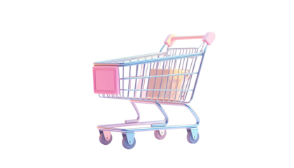 A pastel shopping cart illustration on a black background, side profile