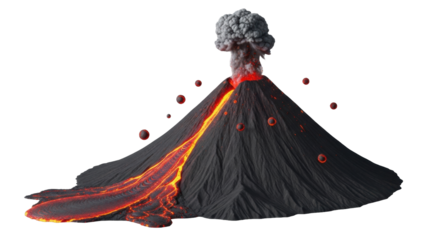 Isolated Volcano Eruption with Lava Flow, Magma Balls, and Cloud of Smoke, Dramatic Nature Art