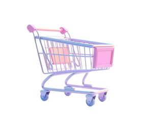 A pastel-colored shopping cart, rendered in 3D against a black background