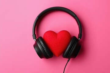 Celebrate Global Music Day with a colorful overhead shot of black headphones featuring a bold red heart on a delightful pink background, leaving plenty of room for customization