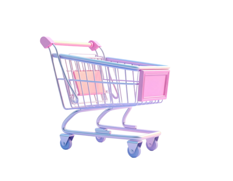 A pastel-colored shopping cart, rendered in 3D against a black background