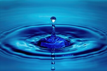 Close-up of a single water droplet creating ripple rings on a liquid surface