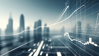 Predictive Analytics Concept – Translucent Data Graphs & Forecasting Lines, Futuristic Cityscape, Foresight, Trend Analysis, Decision-Making, Muted Blues & Grays Background.