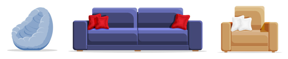 Furniture set with modern sofa, comfy armchair, and bean bag chair for home interior design. Flat style stock vector illustration.