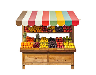 Colorful wooden fruit stand with a striped awning.  Fresh produce overflowing from multiple wooden bins